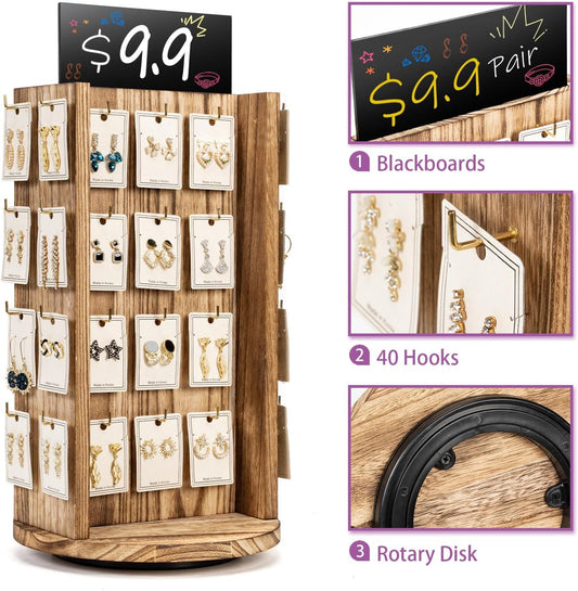 Pinzoveco Rotating Earring Display Stands for Selling with Adversitsing Board, Real Wood Jewelry Display Stand for Vendors, Large Capacity Earring Cards for Selling Rack Holder (Carbonized Brown)