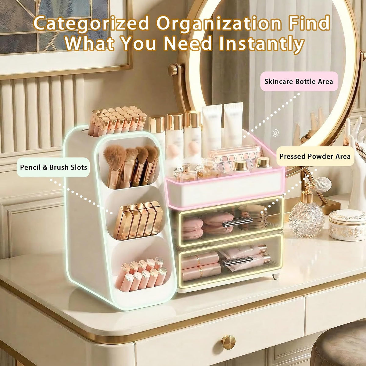 Large Capacity Makeup Organizer Countertop with Makeup Brush Holder for Vanity, Thickened Material, Bathroom Countertop Organizer Skin Care Perfumes Storage, Teen Girl Gifts for 12-23 Year