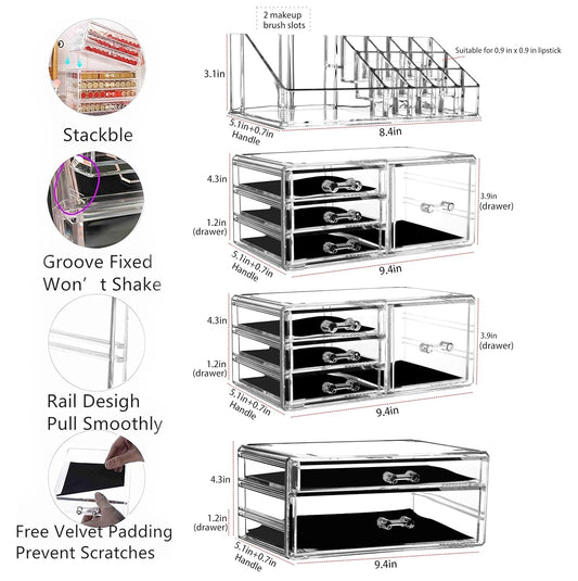 Cq Acrylic 4 Pack Clear Makeup Storage, Stackable 10 Drawer Organizer for Vanity, Jewelry, Hair Clip, Beauty & Skincare Products