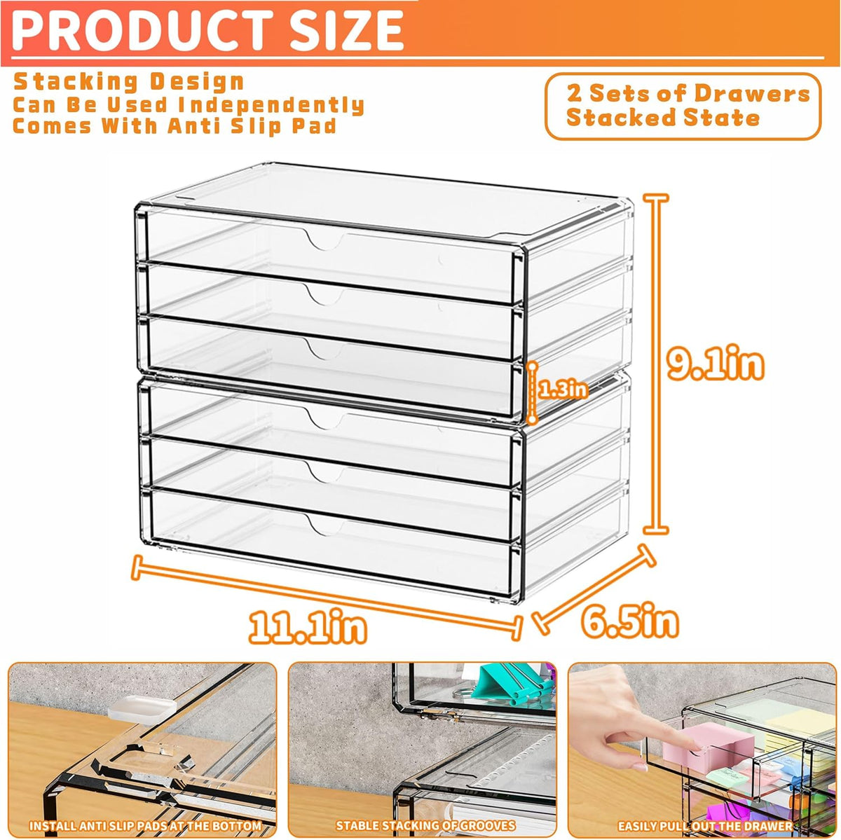 Yieach 2 Pack Acrylic Storage Drawers With 6 Drawers,Stackable Desk Organizer and Makeup Organizer,Large Clear Office Supplies Organizer for Pen,Stationary,Palettes,Arts Craft Organizers and Storage