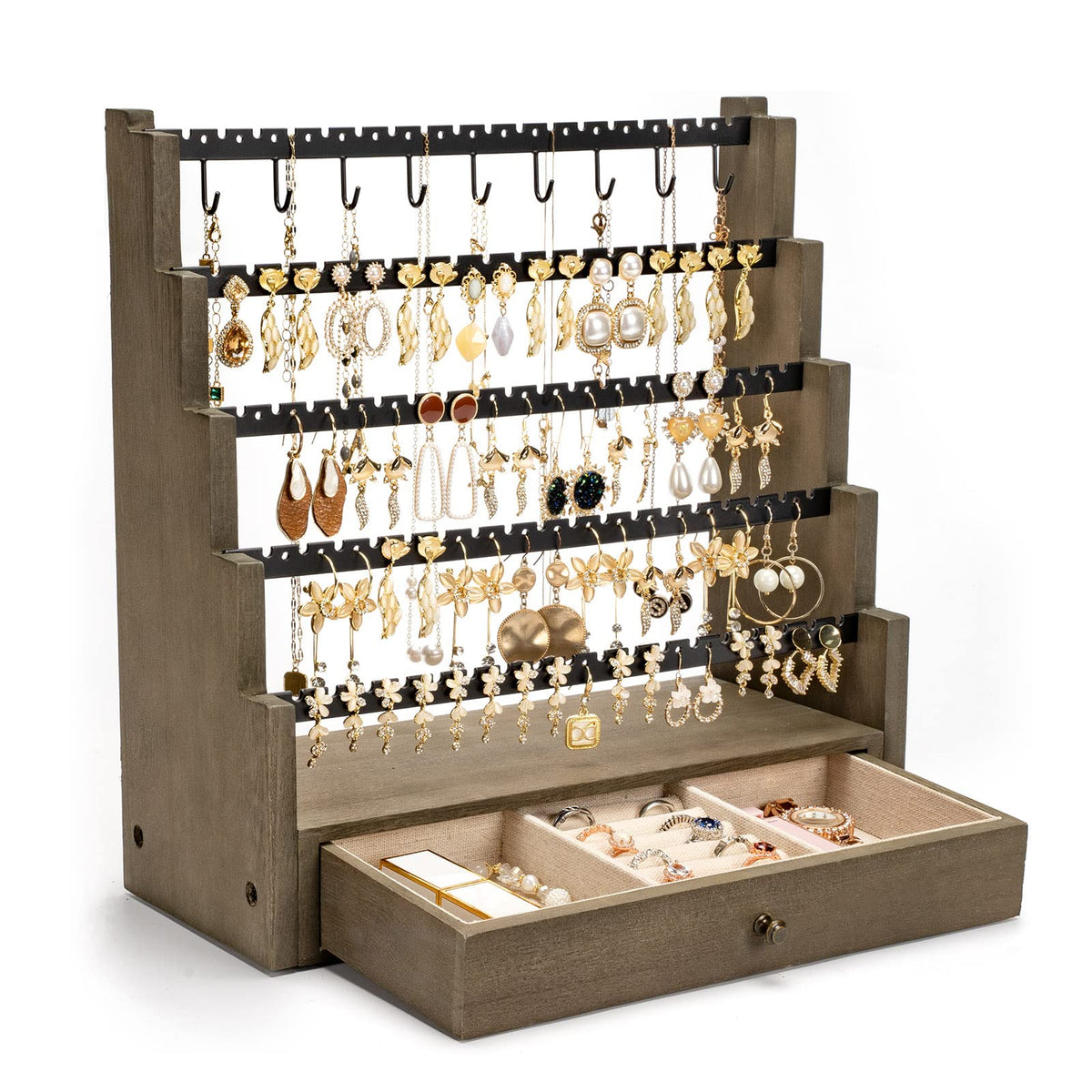 Pinzoveco Earring Organizer, 5 Layer Earring Holder Organizer with Necklace Holder Pole, Rustic Wood Jewelry Organizer Stand Display for Stud Earring Bracelet Necklace Ring, 175 Earring Holes