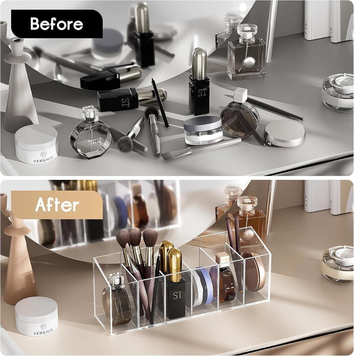 Acrylic 6-Compartment Makeup Organizer 2PCS, Transparent Plastic Makeup Brush Holder, Perfect Bathroom Vanity Storage Solution for Makeup Brushes, Eyebrow Pencils, and More