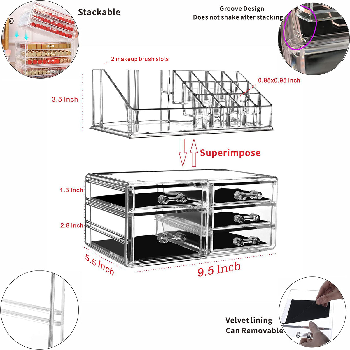 Clear Acrylic Makeup Organizer for Vanity,Countertop,Stackable 7 Drawers Bathroom Skincare Organizer with Brush Holder,Large Skin Care Organizer for Jewelry,Beauty Product Lipsticks,Nail Polishes
