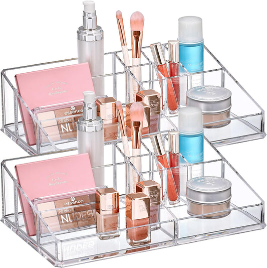 Amazing Abby - Tiffany - Acrylic Cosmetic Organizer (2-Pack), Transparent Plastic Makeup Holder, Compartmented, Shatter-Proof, Perfect Bathroom Vanity Storage Solution for Beauty Supply, Large