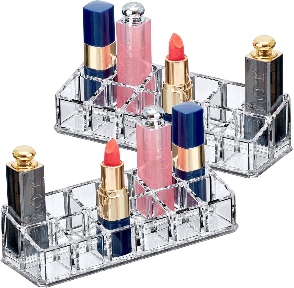 Amazing Abby - Glamour - 2-Pack 24-Slot Acrylic Lipstick Organizer, Lipstick Holder, Lip Gloss Holder, Cosmetic Storage Display, Perfect Storage Solution for Drawer and Vanity (Slot Size: 0.9" x 0.9")