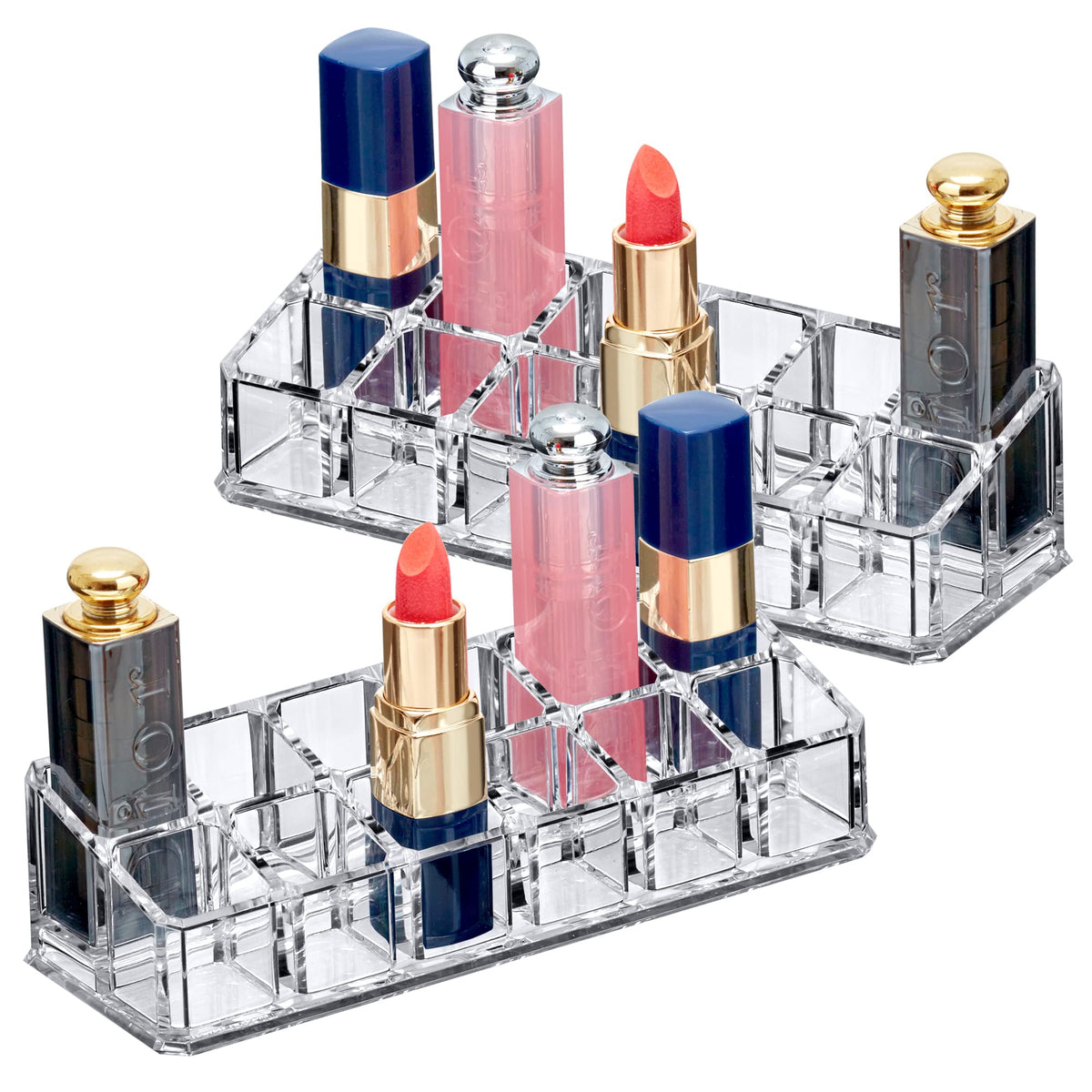 Amazing Abby - Glamour - 2-Pack 24-Slot Acrylic Lipstick Organizer, Lipstick Holder, Lip Gloss Holder, Cosmetic Storage Display, Perfect Storage Solution for Drawer and Vanity (Slot Size: 0.9" x 0.9")
