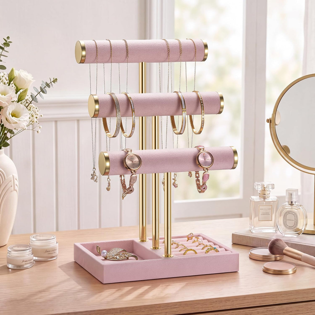 Jewelry Organizer Stand Display, 3 Tier Velvet Bracelet Holder, Pink