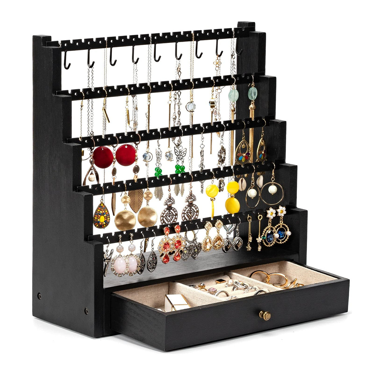 Pinzoveco Earring Organizer, 5 Layer Earring Holder Organizer with Necklace Holder Pole, Rustic Wood Jewelry Organizer Stand Display for Stud Earring Bracelet Necklace Ring, 175 Earring Holes