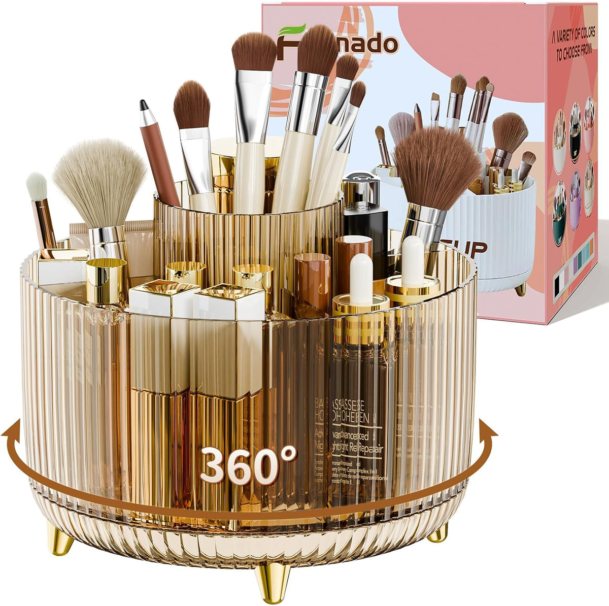 fanado 360° Rotate Makeup Brush Holder Organizer, Makeup Organizers Countertop, Makeup organization and Skincare Storage for Vanity, Desktop, Bathroom (Clear Amber)