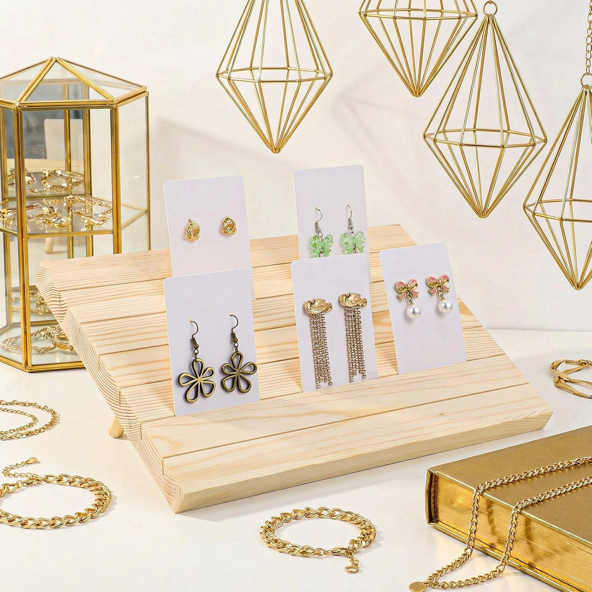 93 Pcs Wood Earring Display Stand Set - 3 Stands with 90 Cards & Support Rods for Jewelry Selling & Photo Display