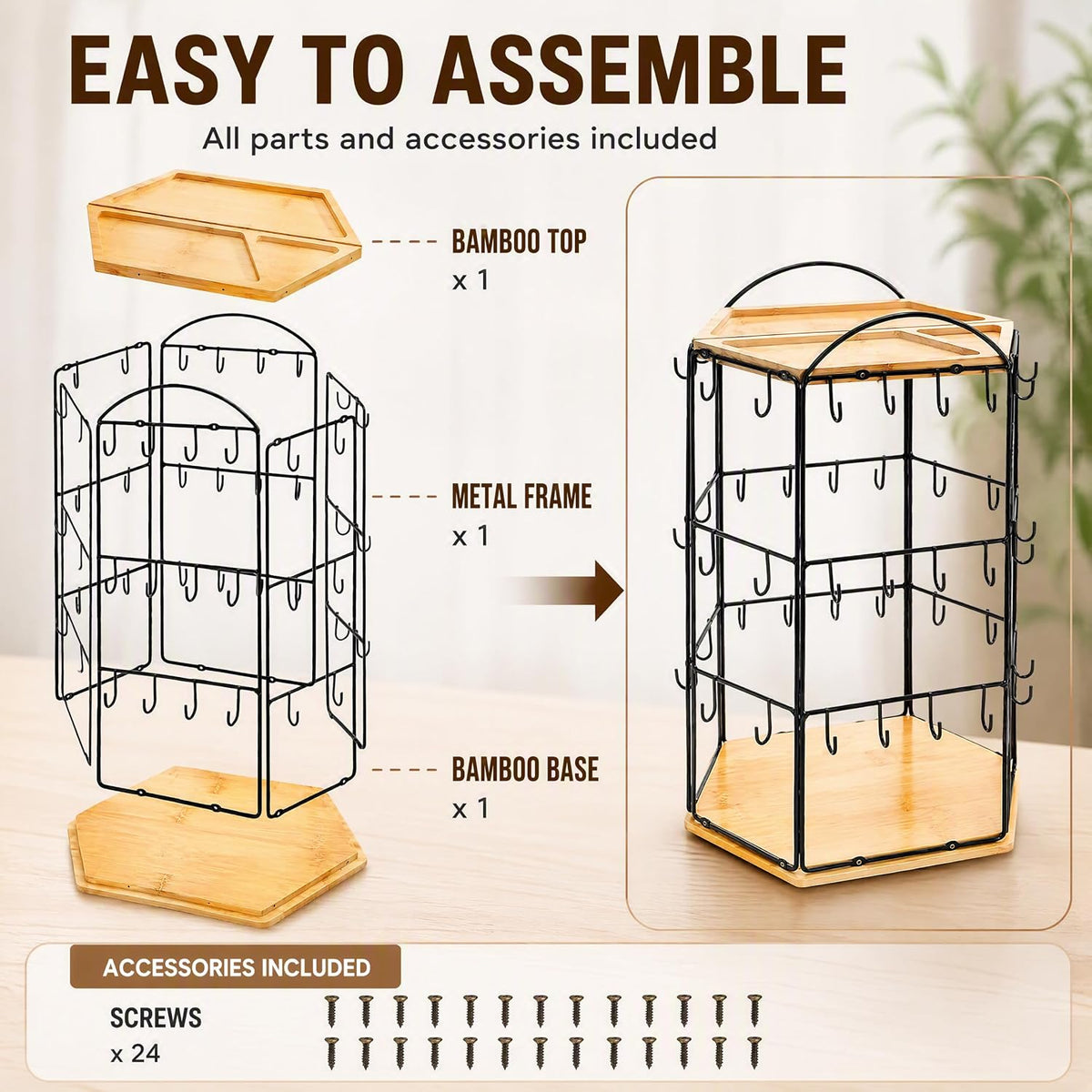 Rotating Earring Display Stand for Vendors, 48 Hooks Hexagon Bamboo Jewelry Holder, Large Capacity Jewelry Storage Showing Rack for Selling, Store, Home, Necklace Bracelet Keychain, 3 Tiers
