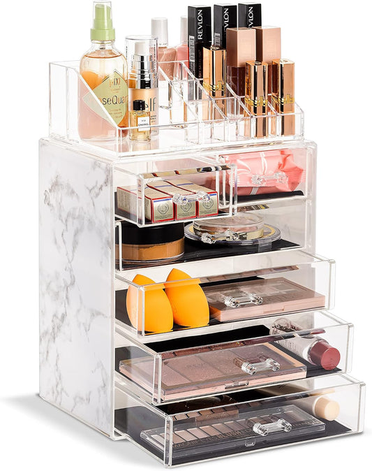 Sorbus Makeup Organizer, 6-Drawer Acrylic 2-Piece Set (Marble Print)