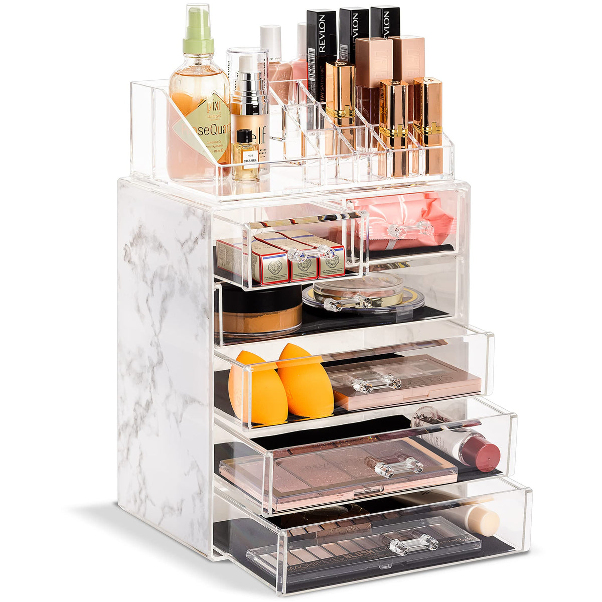Sorbus Makeup Organizer, 6-Drawer Acrylic 2-Piece Set (Marble Print)