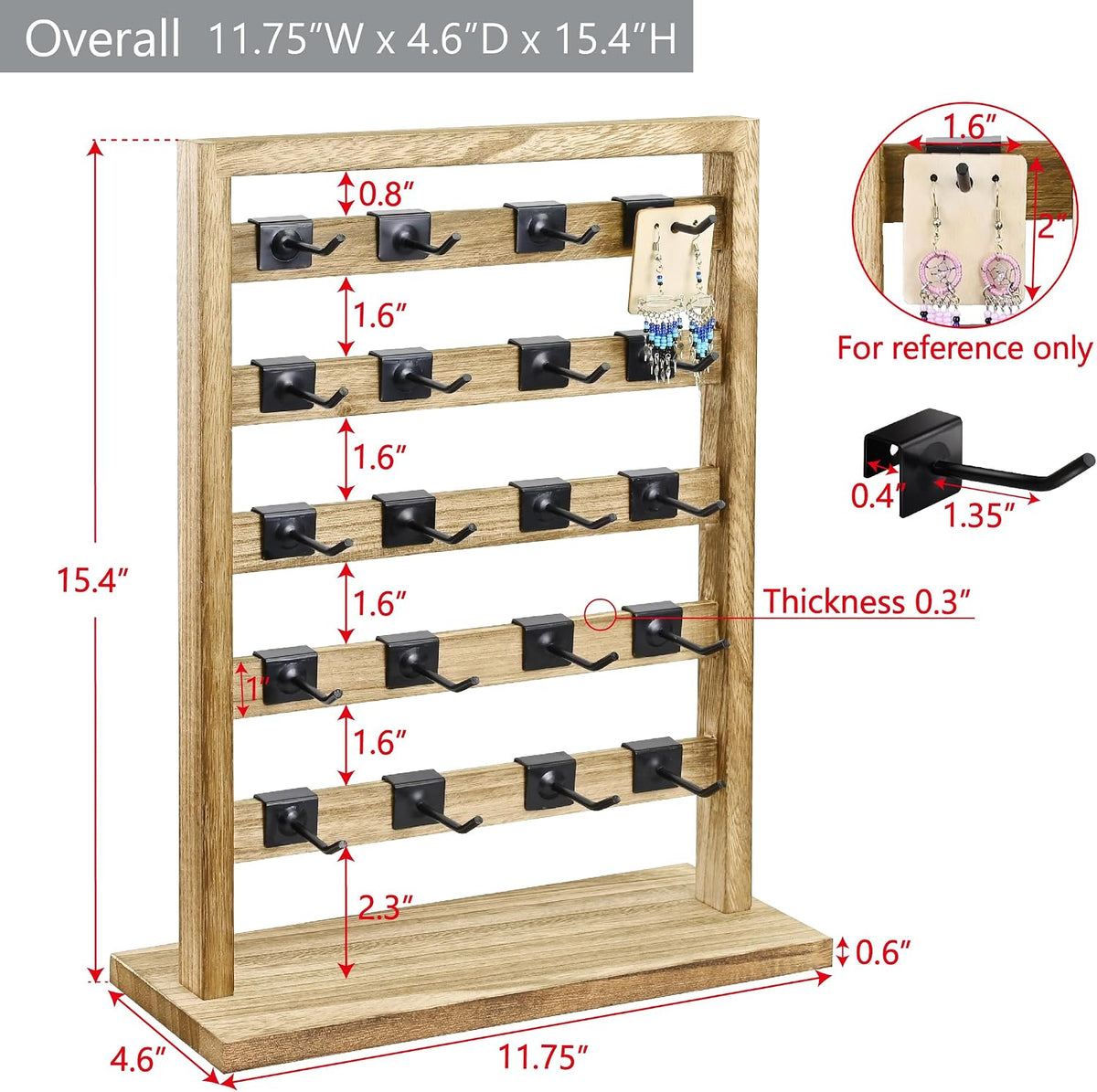 Ikee Design Wooden Jewelry Earring Display Rack, 20 Removable Metal Hooks