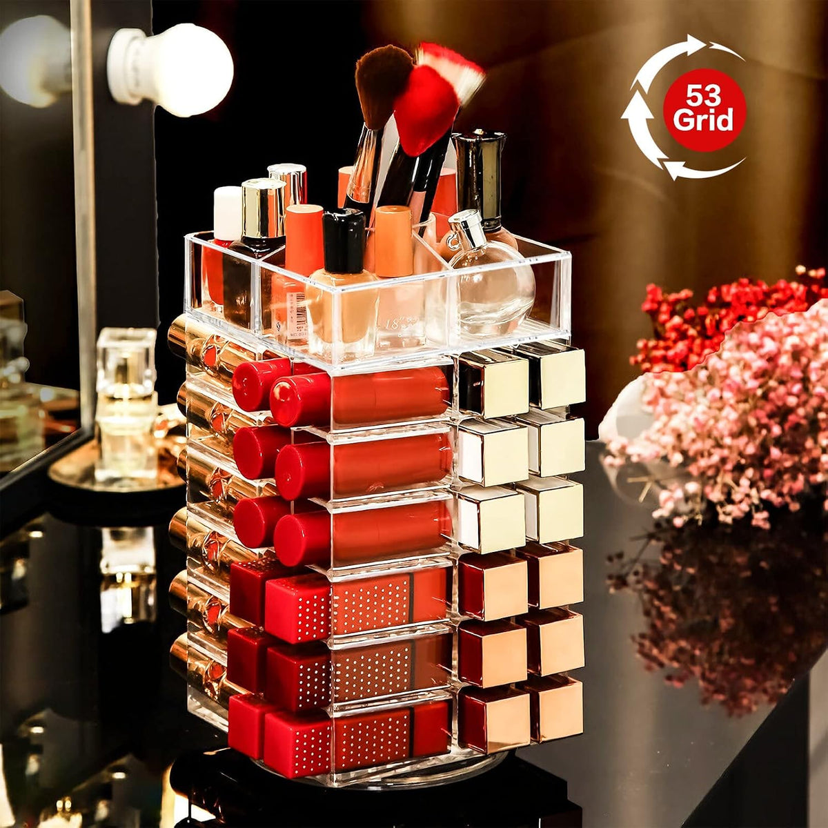 Acrylic Lipstick Tower, Rotating Lipstick Organizer with 53 Slots