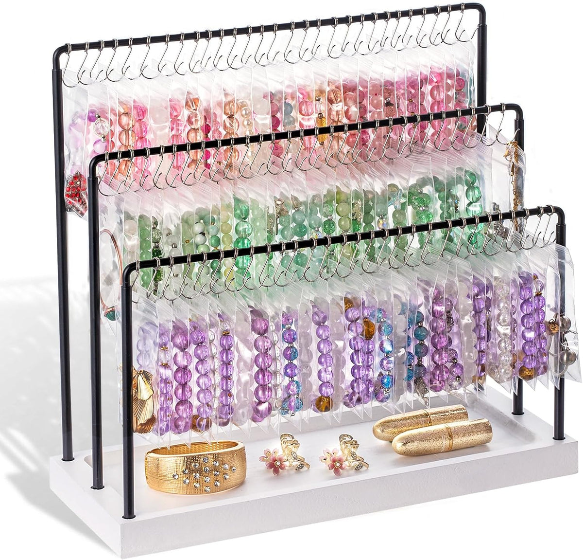 Bracelet Holder Stand, 100 Hooks Wood & Metal Holder with Dust-Proof Bags, 3 Tier Display for Bracelets Necklaces Rings Earrings Scrunchies (White)