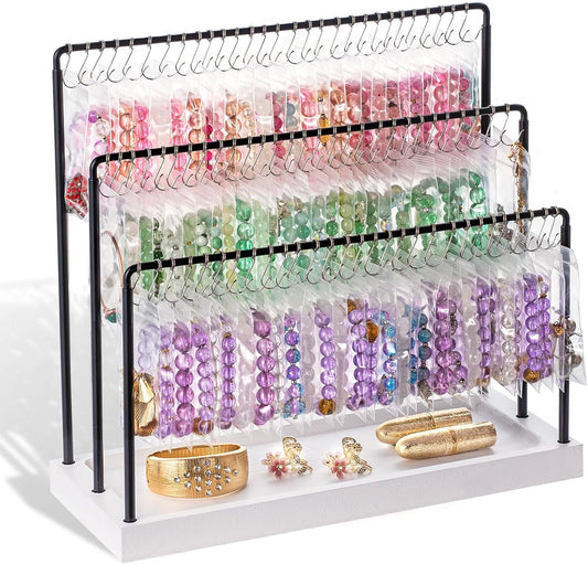 Bracelet Holder Stand, 100 Hooks Wood & Metal Holder with Dust-Proof Bags, 3 Tier Display for Bracelets Necklaces Rings Earrings Scrunchies (White)