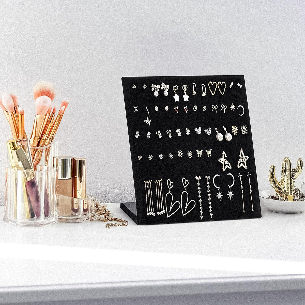 Velvet Earring Holder Organizer, 60 Holes L-Shape Earring Display Stand, Ear Studs Jewelry Storage Display Rack, Earring Organizer Stand for Selling Personal (Black, 9.8 x 7.9 Inches)