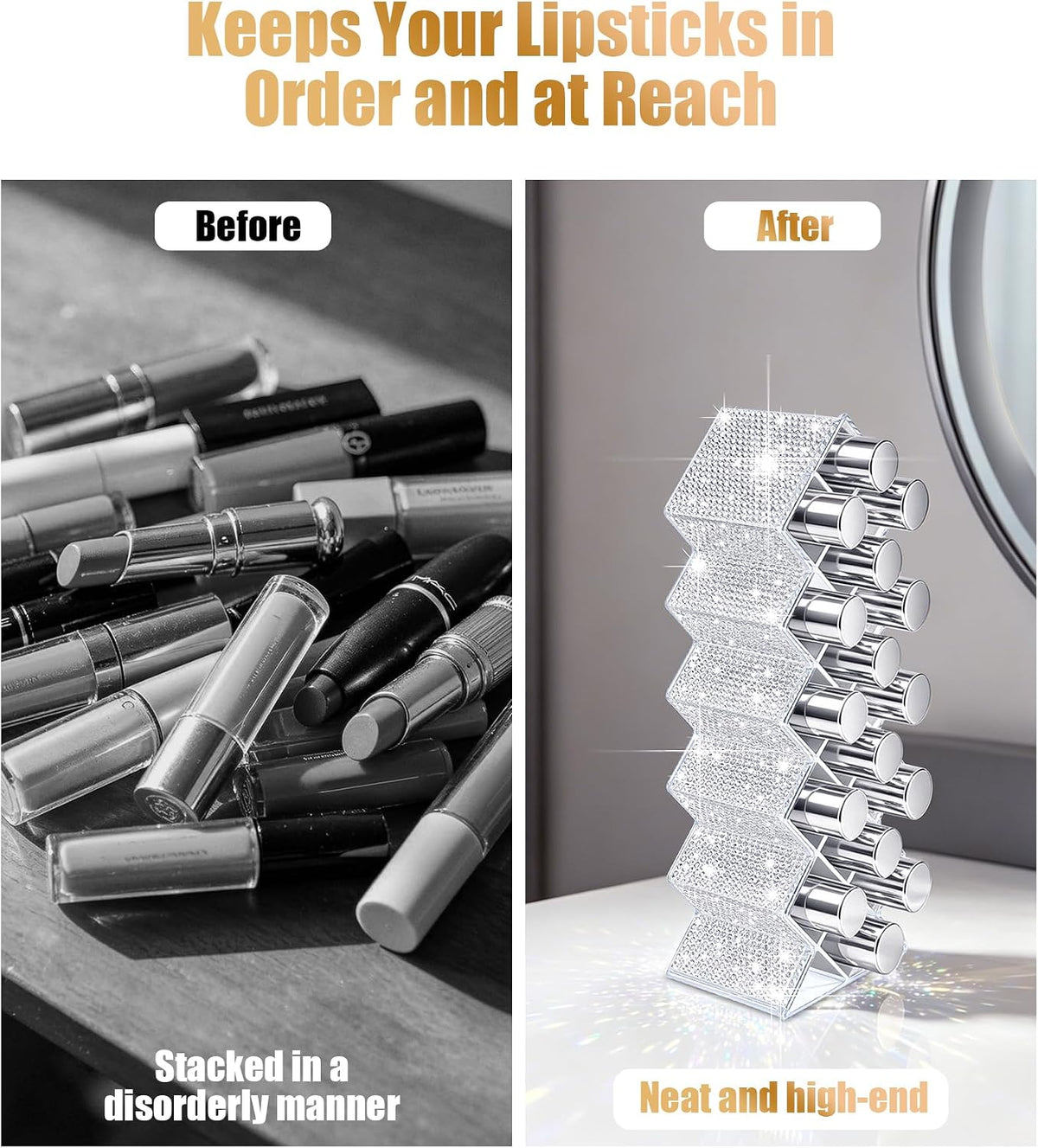 Bling Lipstick Organizer -Shiny Acrylic Lipstick Holder Glitter lipstick Storage, Fish Shape Cosmetic Lip Gloss Tower Makeup Storage for Bathroom Vanity Countertop (16 Spaces)