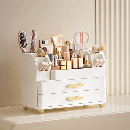 HBlife Makeup Organizer for Vanity with Brush Holder, Large Bathroom Countertop Cosmetic Organizer Skin Care Storage, Easy to Store Lipsticks, Nail Polishes, Perfumes, Eyeshadow Palettes, All White