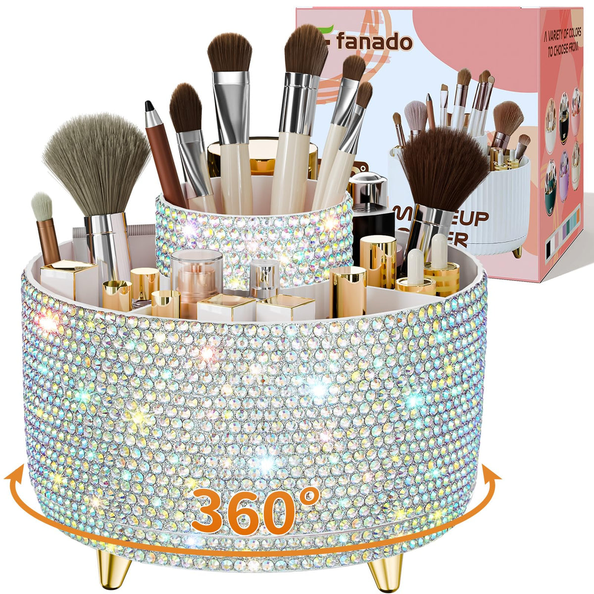 fanado 360° Rotate Makeup Brush Holder Organizer, Makeup Organizers Countertop, Makeup organization and Skincare Storage for Vanity, Desktop, Bathroom (Clear Amber)