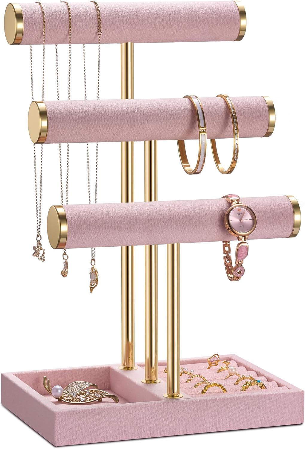 Jewelry Organizer Stand Display, 3 Tier Velvet Bracelet Holder, Pink
