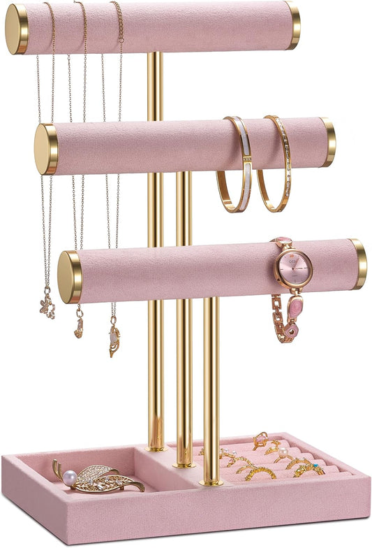 Jewelry Organizer Stand Display, 3 Tier Velvet Bracelet Holder, Pink