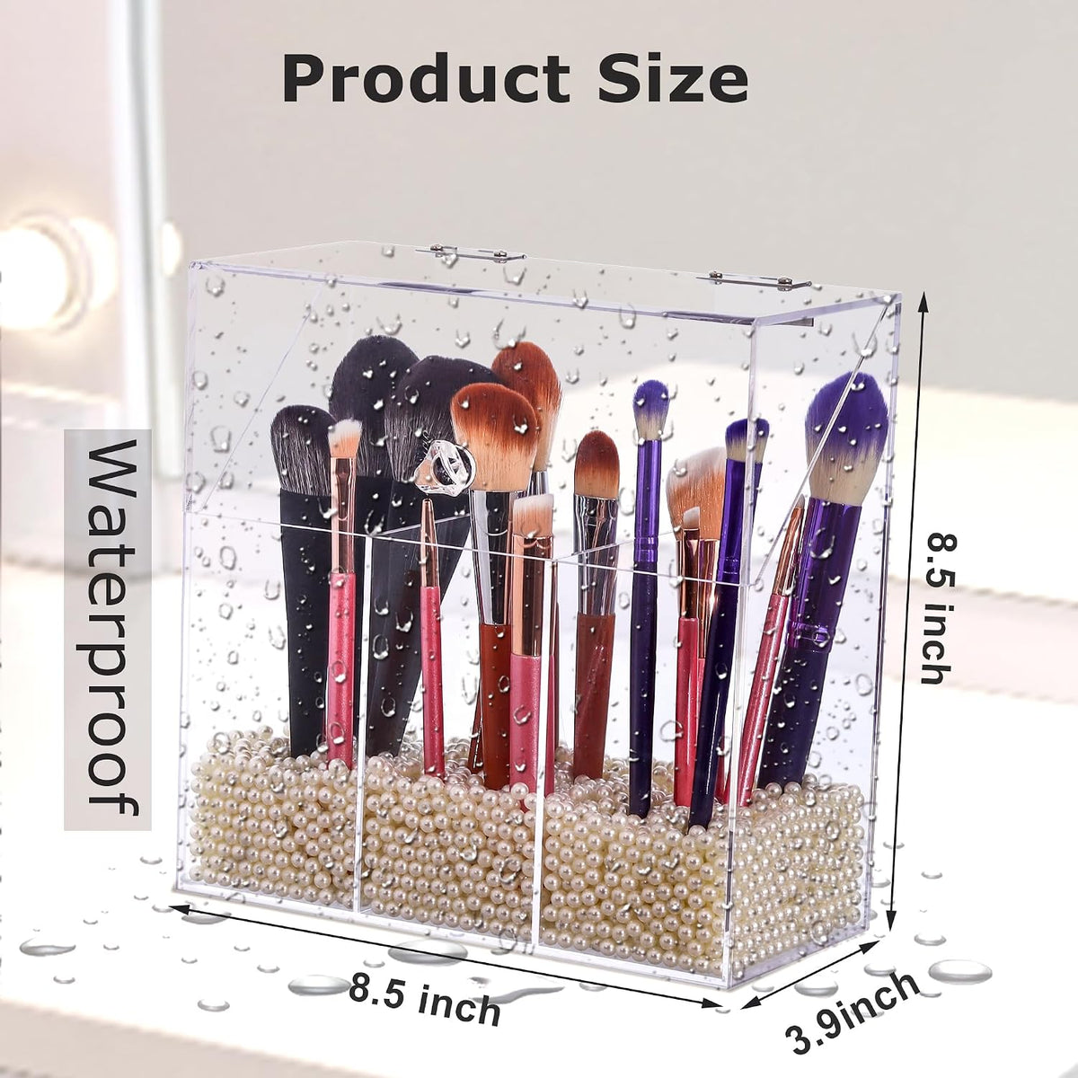 Acrylic Makeup Brush Holder with Lid - Clear Cosmetic Makeup Brush Organizer and Storage Box with Cover for Vanity - Large Capacity 3-Slots Container for Brushes (Clear)