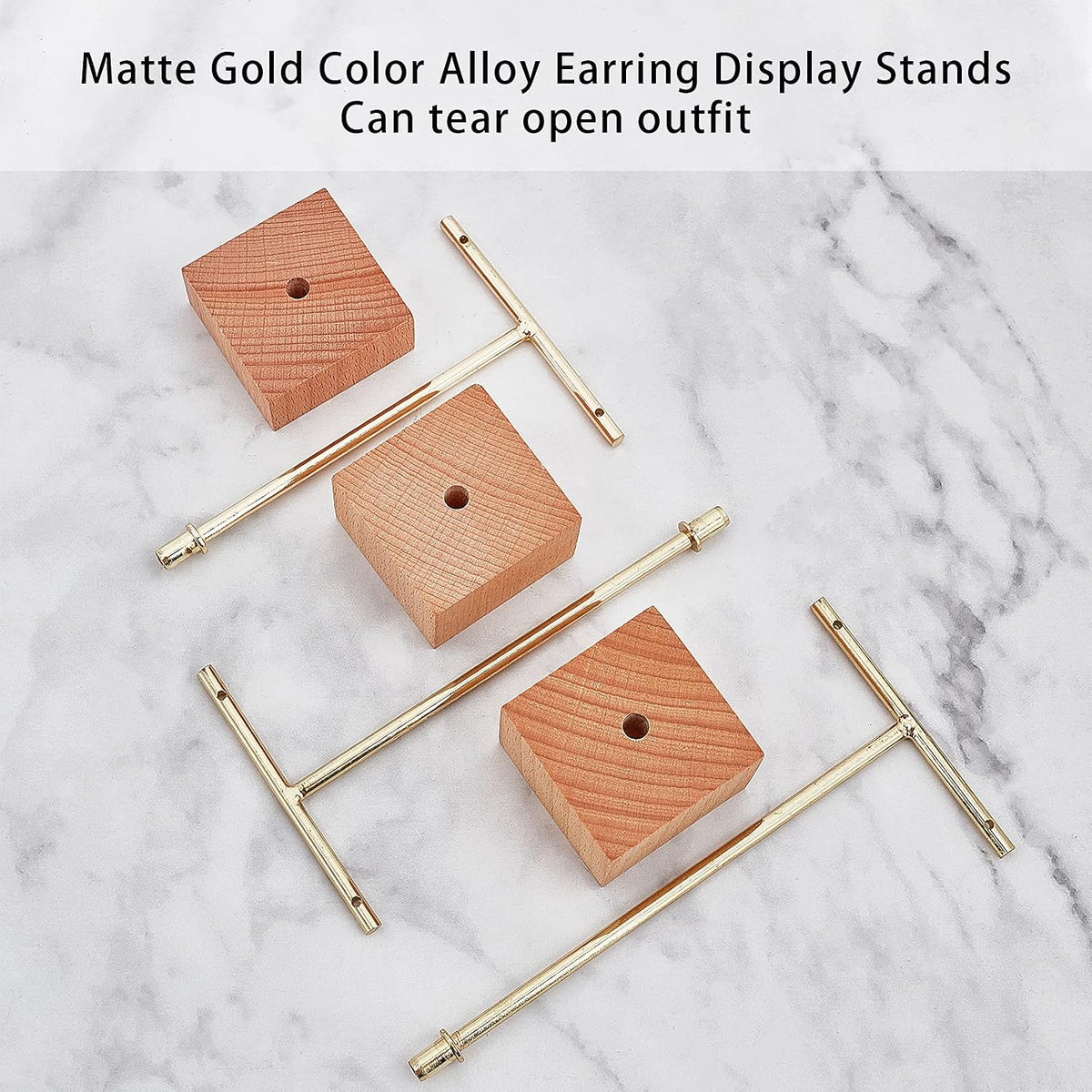 FINGERINSPIRE 3 Pcs Gold Metal T Bar Earring Display Stand 6.3/5.5/4.5 Inch Height Jewelry Stand with Wooden Square Base Earring Hanging Holders Jewelry Organizer for Store Retail Photography Props