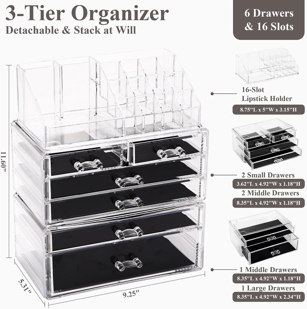 Sea Team 3-Tier Stackable Clear Acrylic Makeup Organizer with Drawers