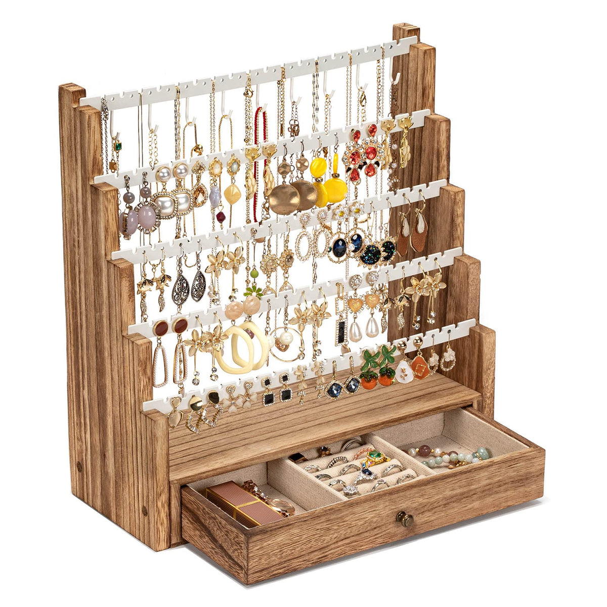 Pinzoveco Earring Organizer, 5 Layer Earring Holder Organizer with Necklace Holder Pole, Rustic Wood Jewelry Organizer Stand Display for Stud Earring Bracelet Necklace Ring, 175 Earring Holes