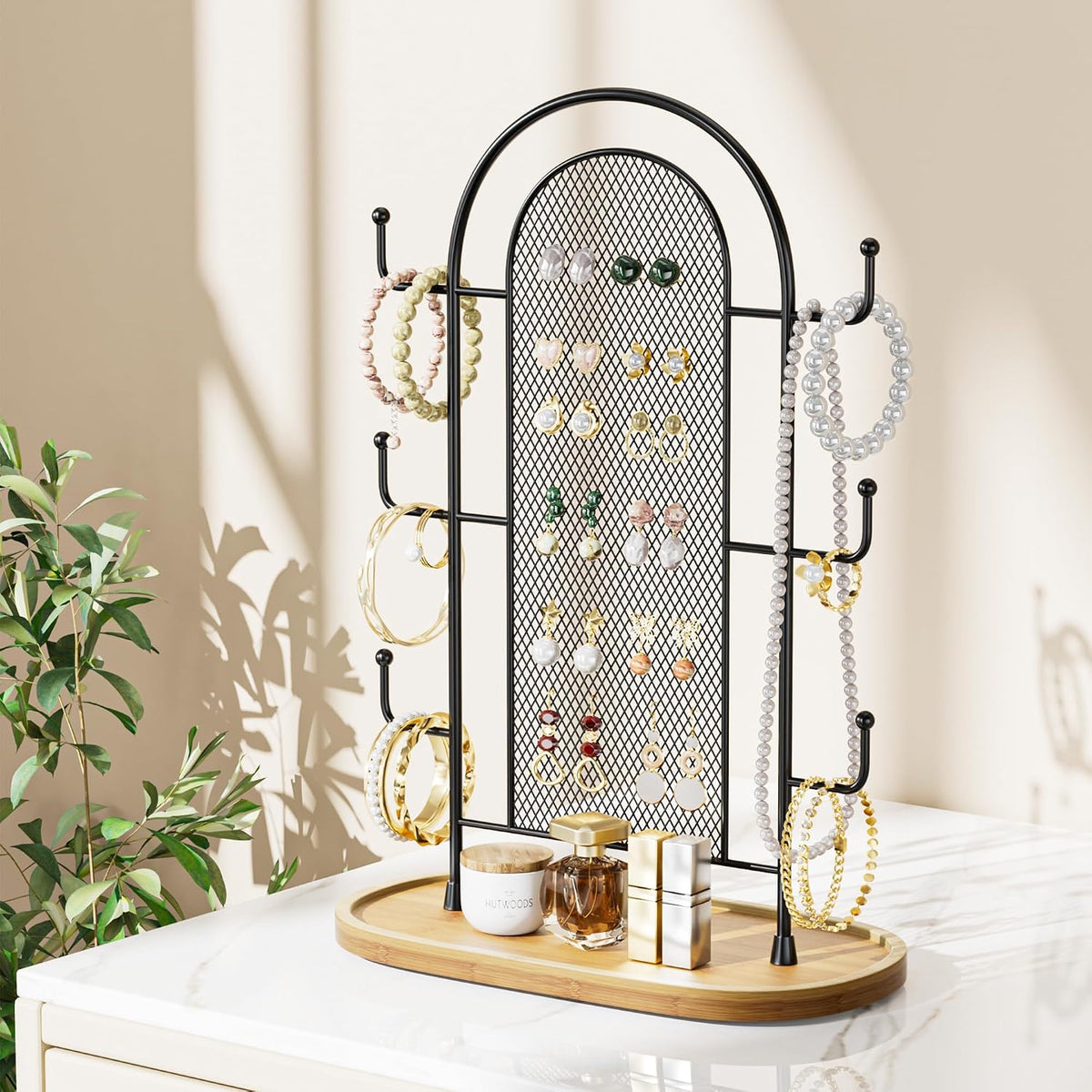 bussdis Jewelry Holder Organizer Earring Display - Earring Storage Tree Stands Towers With 6 Hooks 300 Studs Wood Tray Black Metal Rack