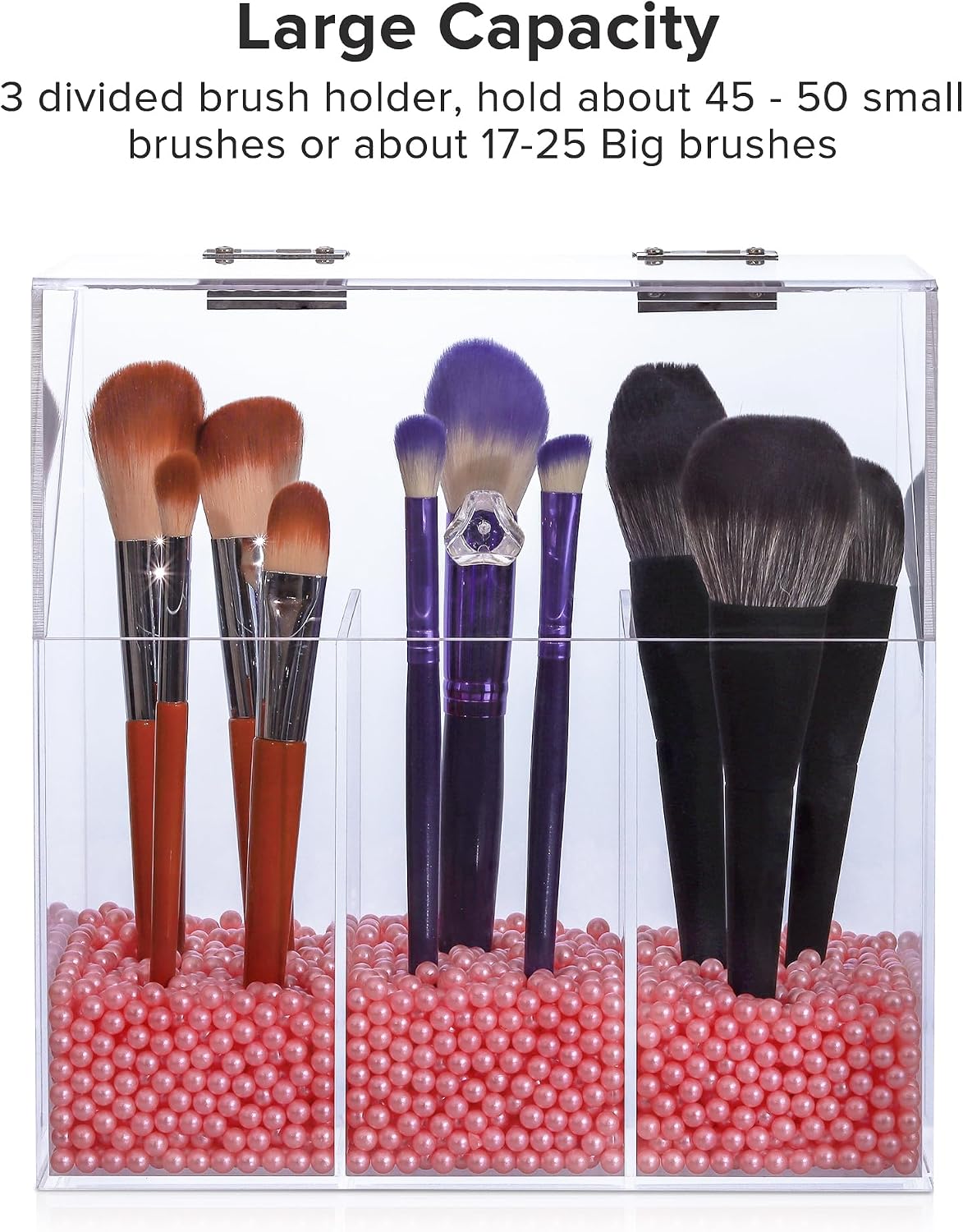 Acrylic Makeup Brush Holder with Lid - Clear Cosmetic Makeup Brush Organizer and Storage Box with Cover for Vanity - Large Capacity 3-Slots Container for Brushes (Clear)