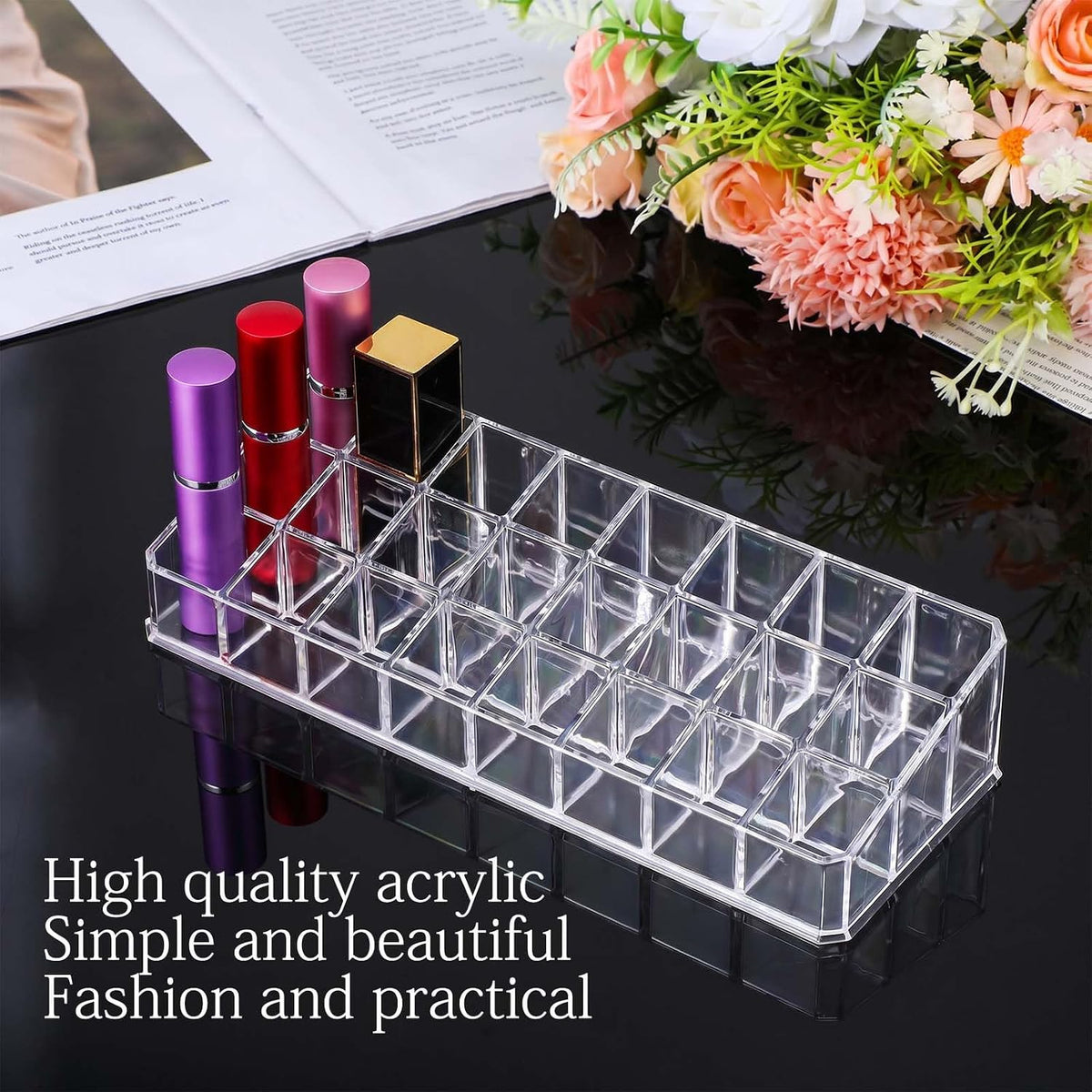 2-Pack 24-Slot Acrylic Makeup Organizer, Large Lipstick Organizer for Vanity, Lip Gloss Holder, Lip Balm Holder, Cosmetic Storage Display for Drawer, Clear
