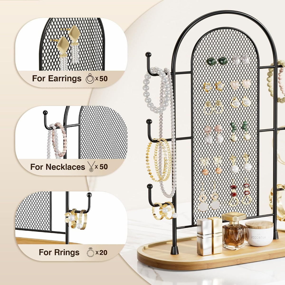 bussdis Jewelry Holder Organizer Earring Display - Earring Storage Tree Stands Towers With 6 Hooks 300 Studs Wood Tray Black Metal Rack
