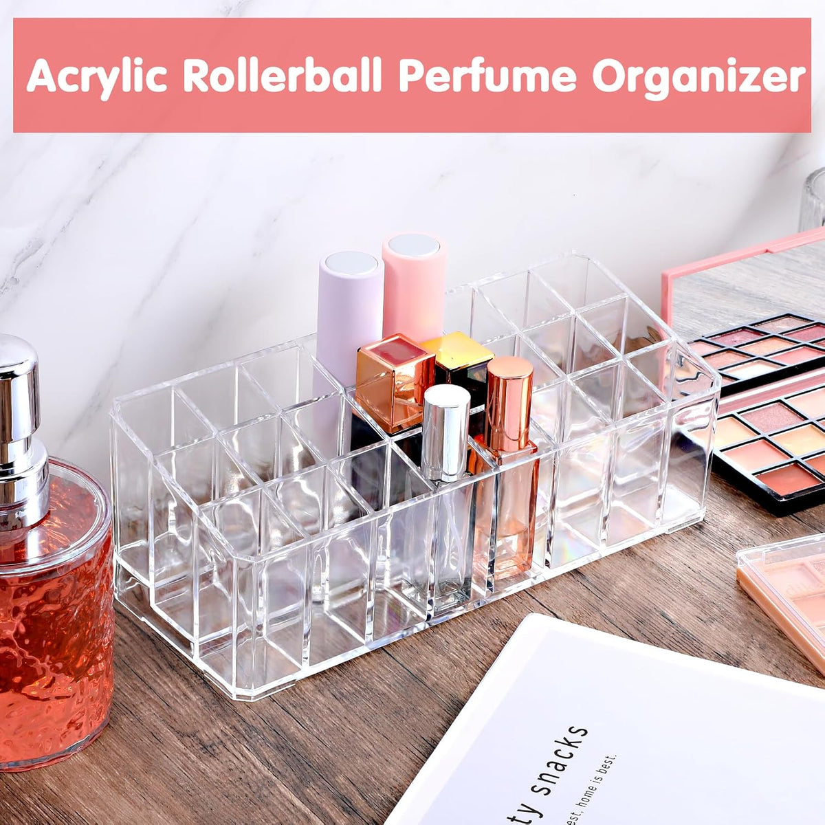 2 pcs Rollerball Perfume Organizer, 48 Spaces Clear Acrylic Perfume Storage Holder Beauty Scent Holder, Makeup Lipgloss Lipstick Display Case