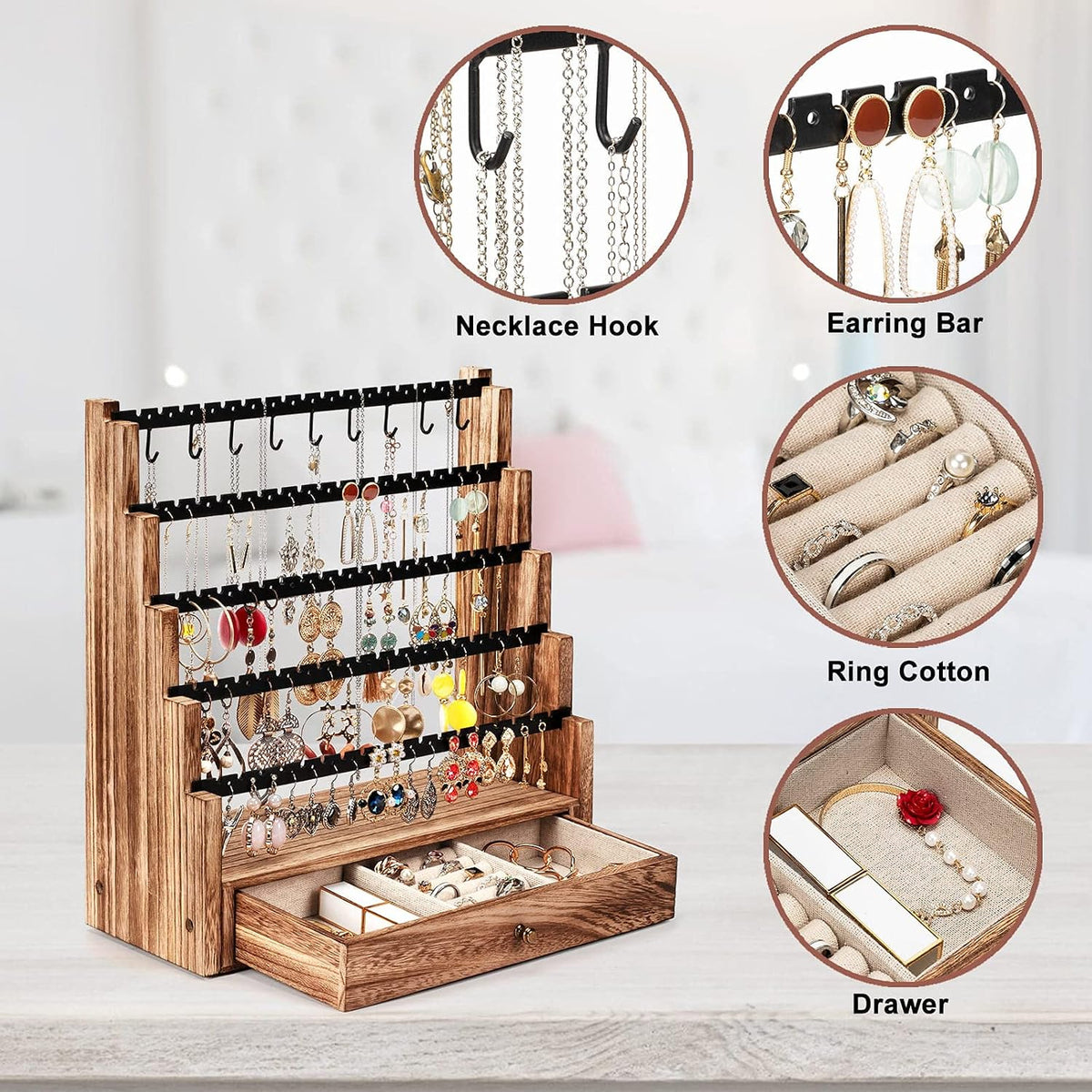 Pinzoveco Earring Organizer, 5 Layer Earring Holder Organizer with Necklace Holder Pole, Rustic Wood Jewelry Organizer Stand Display for Stud Earring Bracelet Necklace Ring, 175 Earring Holes