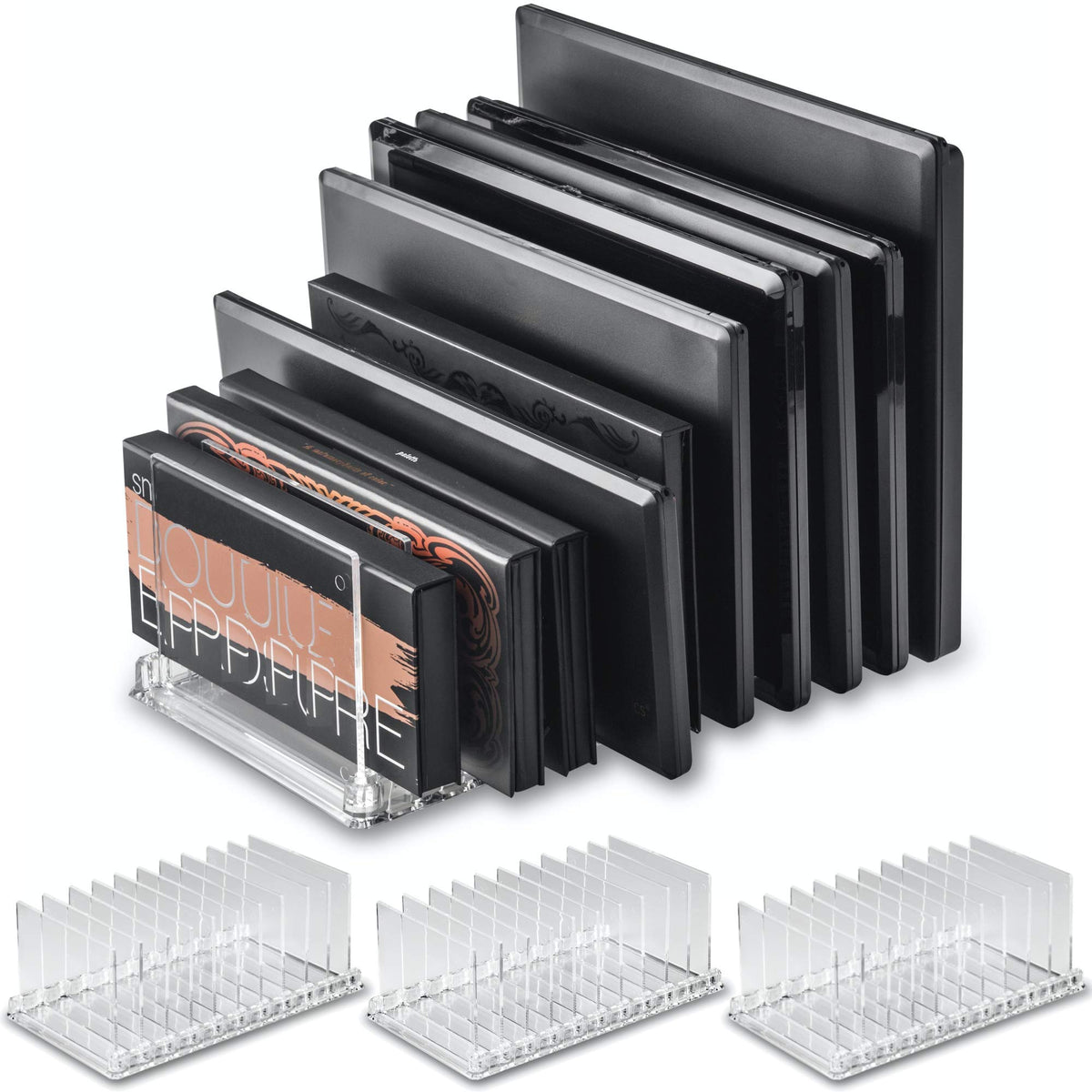 byAlegory Acrylic Makeup Eyeshadow Palette Organizer W/ Removable Dividers | 10 Space Vanity Desk Storage Fits All Palette Sizes - Clear