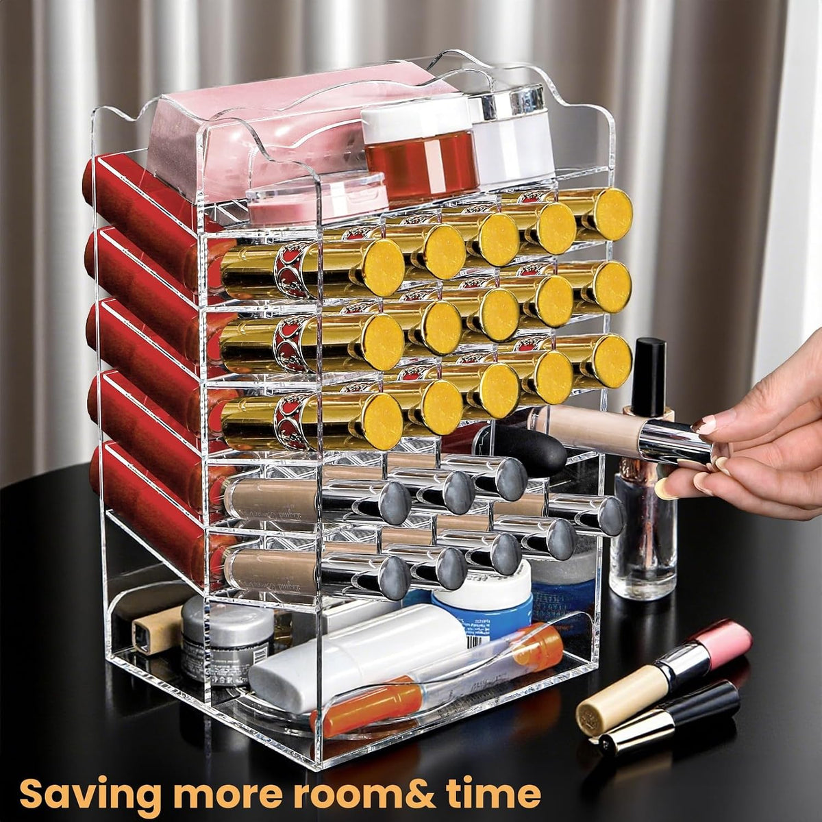 Tlence 360 Rotating Lipstick Organizer Tower, 7-Tier Clear Acrylic Lip Gloss Holder, 54 Slots Spinning Makeup Cosmetic Display Case Storage Rack for Vanity and Countertop
