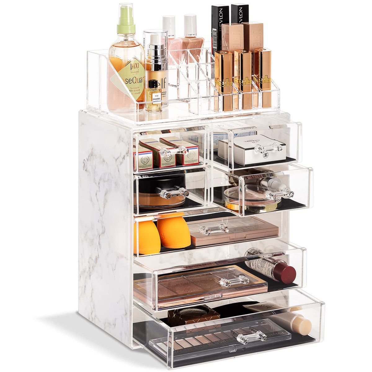 Sorbus Makeup Organizer, 6-Drawer Acrylic 2-Piece Set (Marble Print)