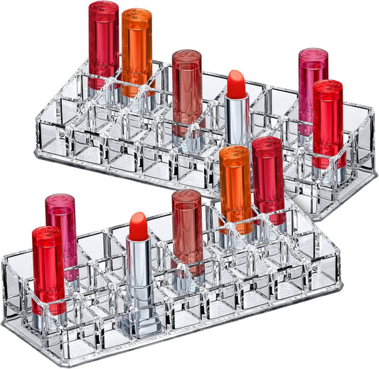 Amazing Abby - Glamour - 2-Pack 24-Slot Acrylic Lipstick Organizer, Lipstick Holder, Lip Gloss Holder, Cosmetic Storage Display, Perfect Storage Solution for Drawer and Vanity (Slot Size: 0.9" x 0.9")