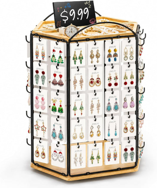 Rotating Earring Display Stand for Vendors, 48 Hooks Hexagon Bamboo Jewelry Holder, Large Capacity Jewelry Storage Showing Rack for Selling, Store, Home, Necklace Bracelet Keychain, 3 Tiers
