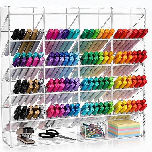TrailBlaze 1Pc Acrylic Pen Holder, Multi‑Compartment Marker Organizer, Clear Desk Marker Display Storage Rack for Office Art Supplies Makeup Lipsticks, 13 x 4 x 12.4 Inch