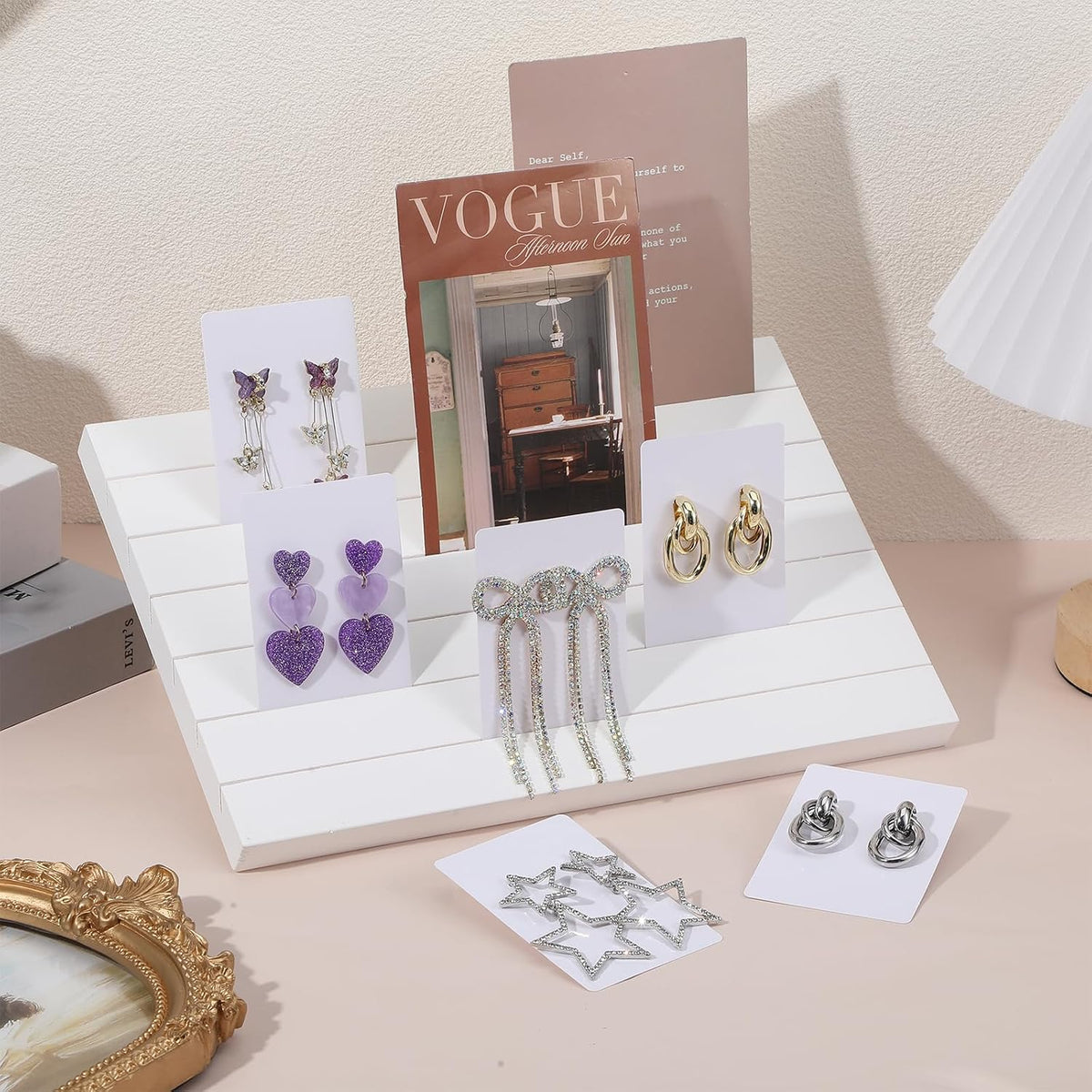 62 Pcs Wood Earring Display Stand Earring Card Display 2 Pcs 11.4" x 7.5" Holders with 60 Cards Jewelry Organizer Stands for Selling