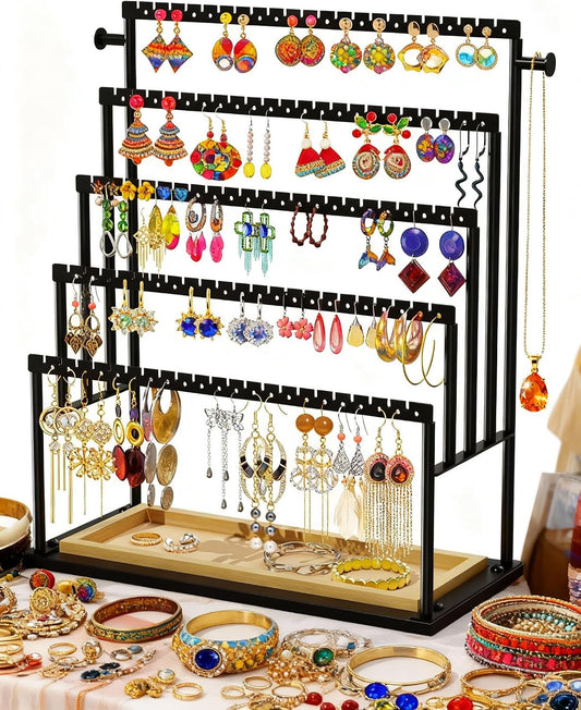 Earring Holder Organizer, 5-Tier Jewelry Display Stand with Matte Black Metal Frame and Wooden Tray, Large Earring Holder for Studs, Hoops, Dangles, Modern Jewelry Organizer for Women