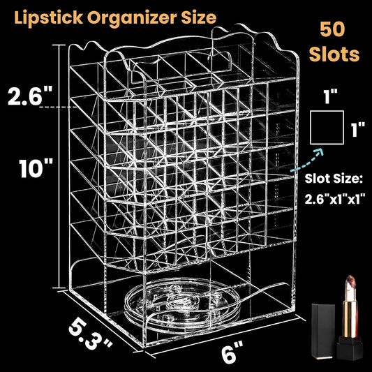 Tlence 360 Rotating Lipstick Organizer Tower, 7-Tier Clear Acrylic Lip Gloss Holder, 54 Slots Spinning Makeup Cosmetic Display Case Storage Rack for Vanity and Countertop