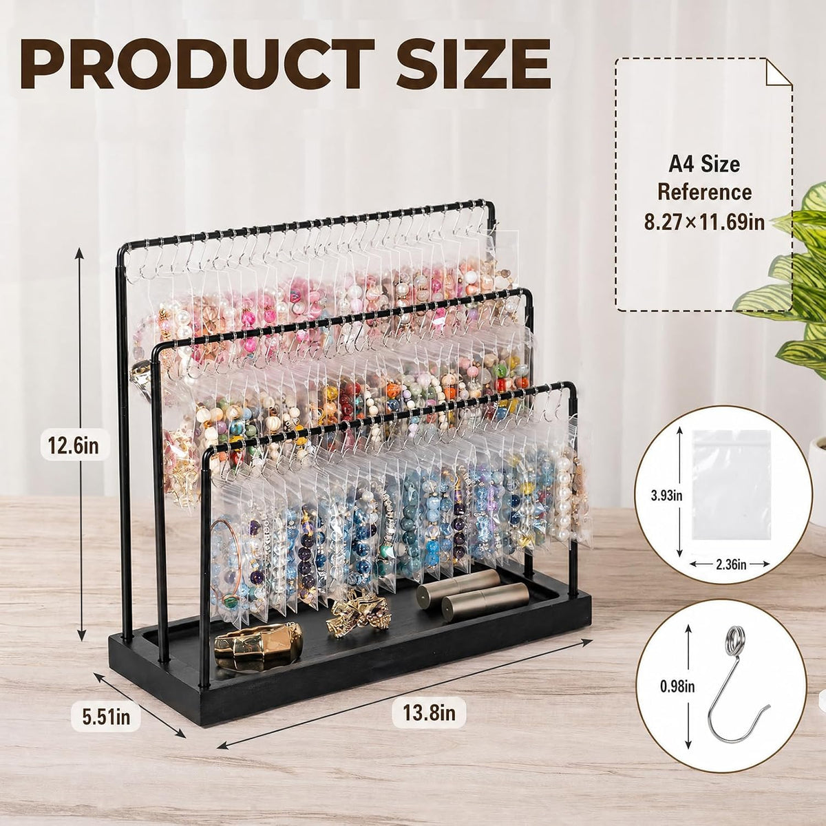 Bracelet Holder Stand, 100 Hooks Wood & Metal Holder with Dust-Proof Bags, 3 Tier Display for Bracelets Necklaces Rings Earrings Scrunchies (White)