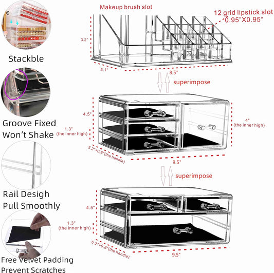 Clear Acrylic Makeup Organizer for Vanity,Countertop,Stackable 7 Drawers Bathroom Skincare Organizer with Brush Holder,Large Skin Care Organizer for Jewelry,Beauty Product Lipsticks,Nail Polishes