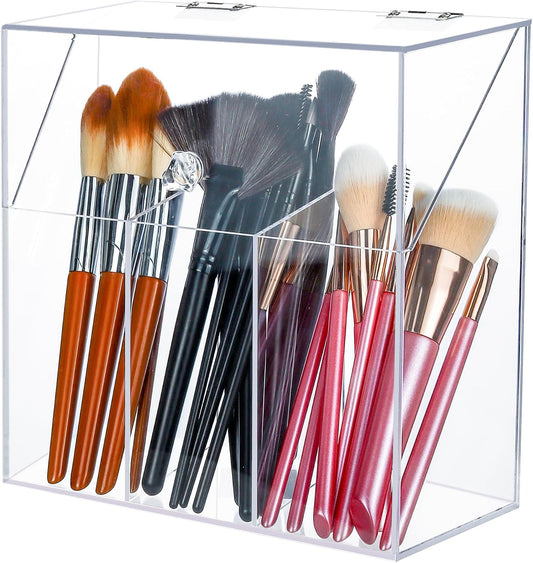 Acrylic Makeup Brush Holder with Lid - Clear Cosmetic Makeup Brush Organizer and Storage Box with Cover for Vanity - Large Capacity 3-Slots Container for Brushes (Clear)