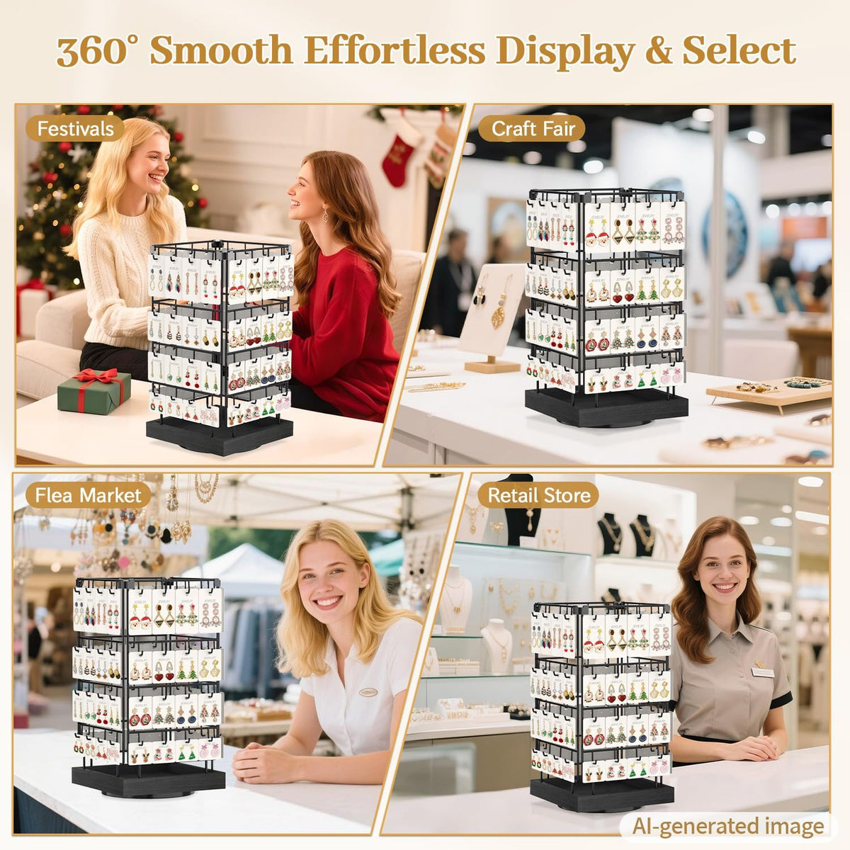 MODOWEY 360° Rotating Earring Cards Organizer Holder Stands, 64 Hooks Brown